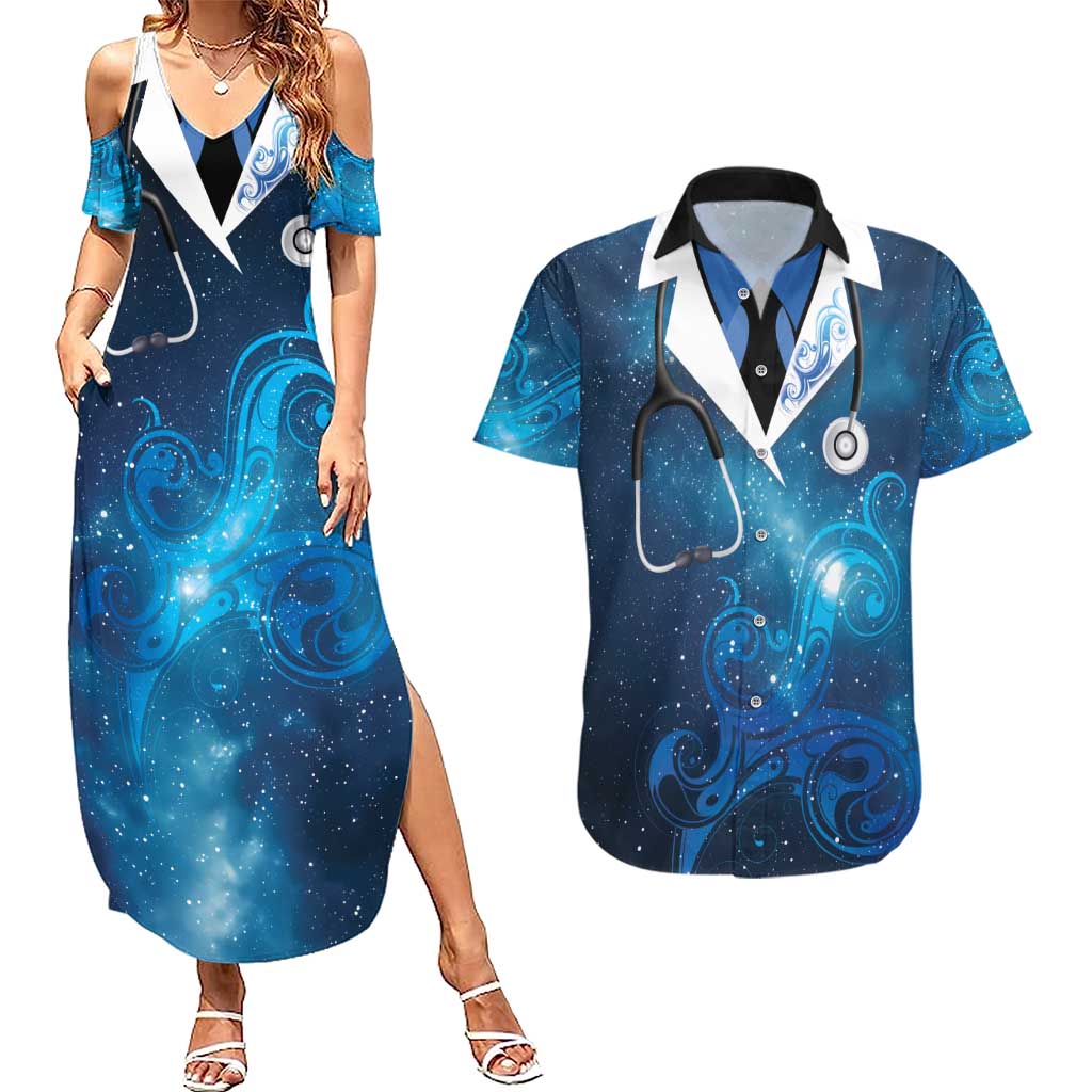 New Zealand Nurses RN Personalised Couples Matching Summer Maxi Dress and Hawaiian Shirt Galaxy Stethoscope Maori Motif