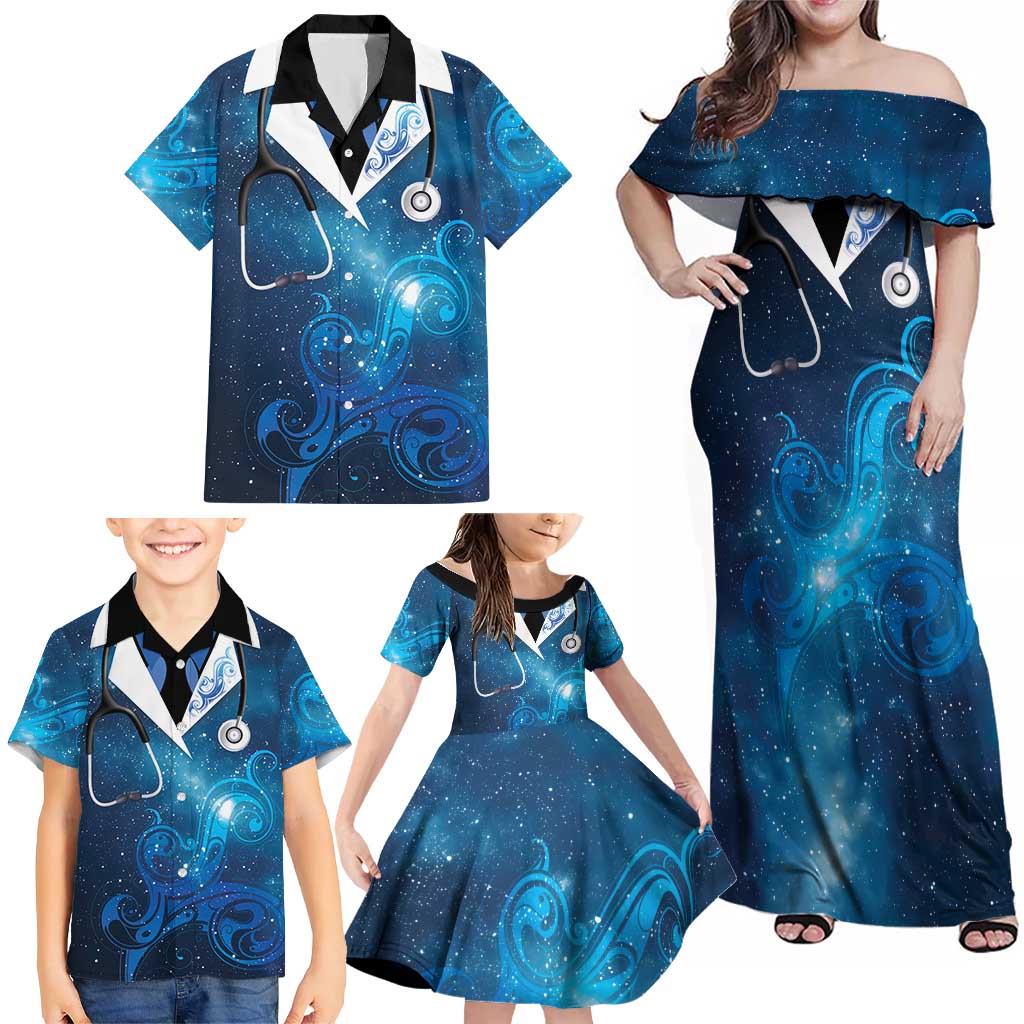 New Zealand Nurses RN Personalised Family Matching Off Shoulder Maxi Dress and Hawaiian Shirt Galaxy Stethoscope Maori Motif