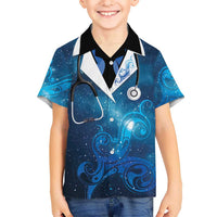 New Zealand Nurses RN Personalised Family Matching Off Shoulder Short Dress and Hawaiian Shirt Galaxy Stethoscope Maori Motif LT9 Son's Shirt Galaxy - Polynesian Pride
