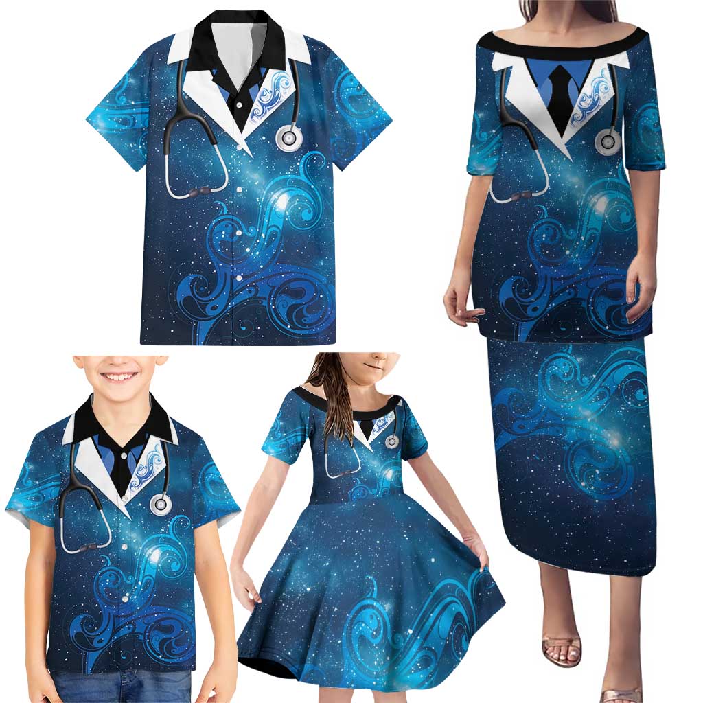 New Zealand Nurses RN Personalised Family Matching Puletasi and Hawaiian Shirt Galaxy Stethoscope Maori Motif LT9 - Polynesian Pride