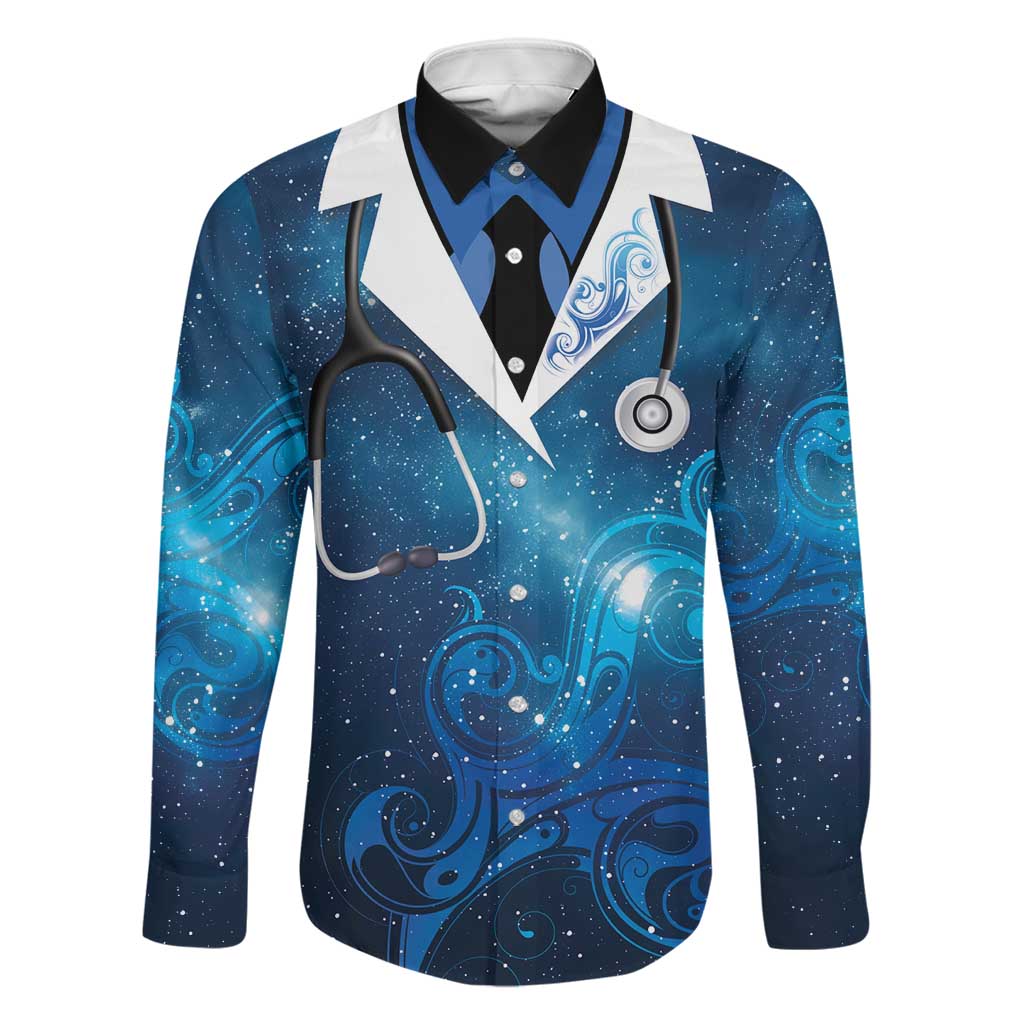 New Zealand Nurses RN Personalised Family Matching Puletasi and Hawaiian Shirt Galaxy Stethoscope Maori Motif LT9 Dad's Shirt - Long Sleeve Galaxy - Polynesian Pride