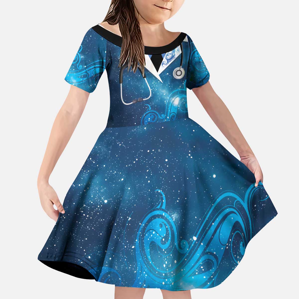 New Zealand Nurses RN Personalised Kid Short Sleeve Dress Galaxy Stethoscope Maori Motif