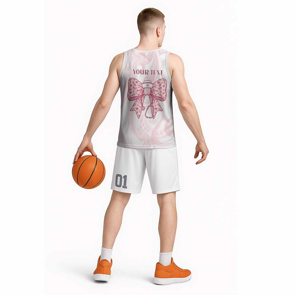 New Zealand Nurses RN Personalised Basketball Jersey Pink Stethoscope Coquette Bow Maori Motif