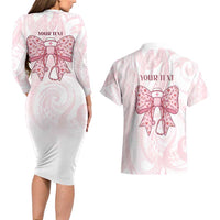 New Zealand Nurses RN Personalised Couples Matching Long Sleeve Bodycon Dress and Hawaiian Shirt Pink Stethoscope Coquette Bow Maori Motif LT9 - Polynesian Pride