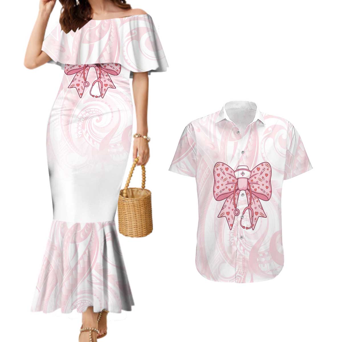 New Zealand Nurses RN Personalised Couples Matching Mermaid Dress and Hawaiian Shirt Pink Stethoscope Coquette Bow Maori Motif