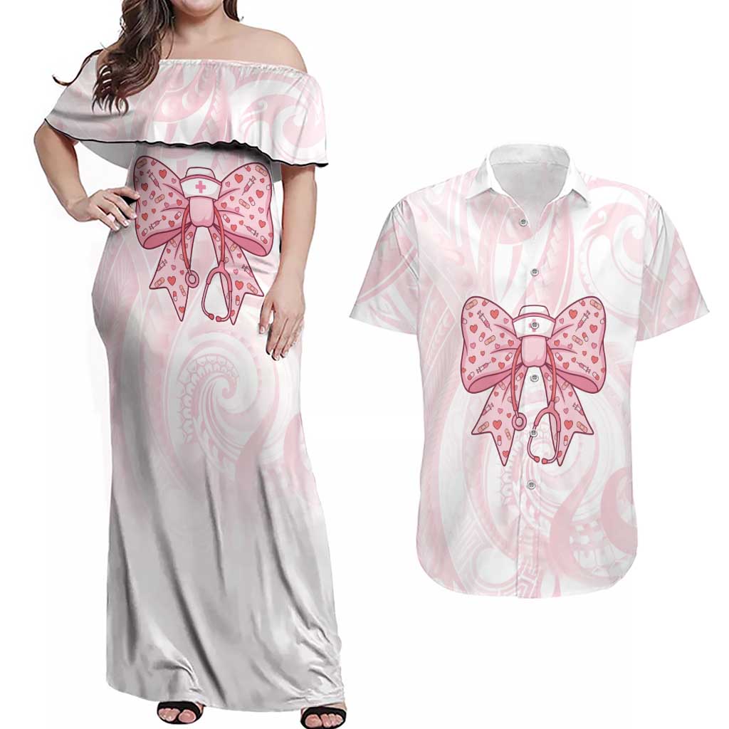 New Zealand Nurses RN Personalised Couples Matching Off Shoulder Maxi Dress and Hawaiian Shirt Pink Stethoscope Coquette Bow Maori Motif LT9 Pink - Polynesian Pride