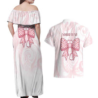 New Zealand Nurses RN Personalised Couples Matching Off Shoulder Maxi Dress and Hawaiian Shirt Pink Stethoscope Coquette Bow Maori Motif LT9 - Polynesian Pride