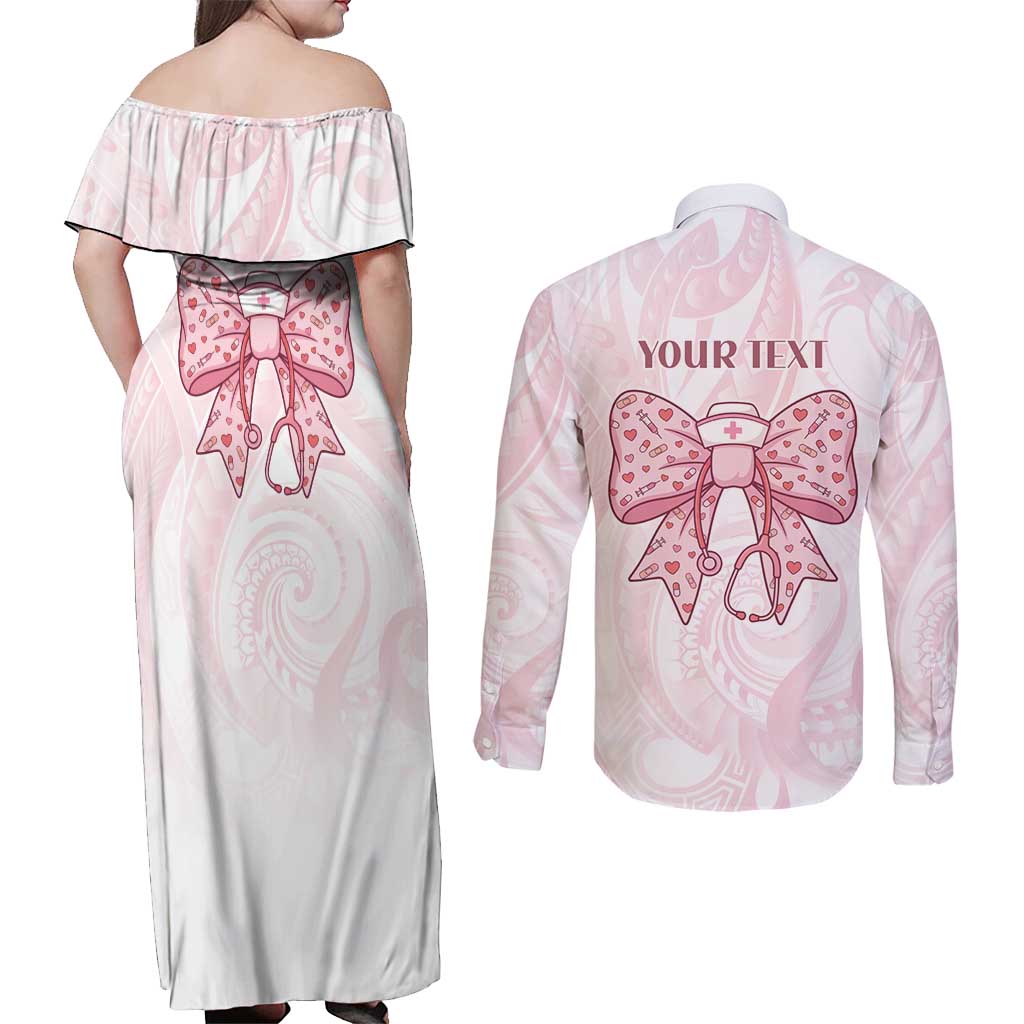 New Zealand Nurses RN Personalised Couples Matching Off Shoulder Maxi Dress and Long Sleeve Button Shirt Pink Stethoscope Coquette Bow Maori Motif LT9 - Polynesian Pride
