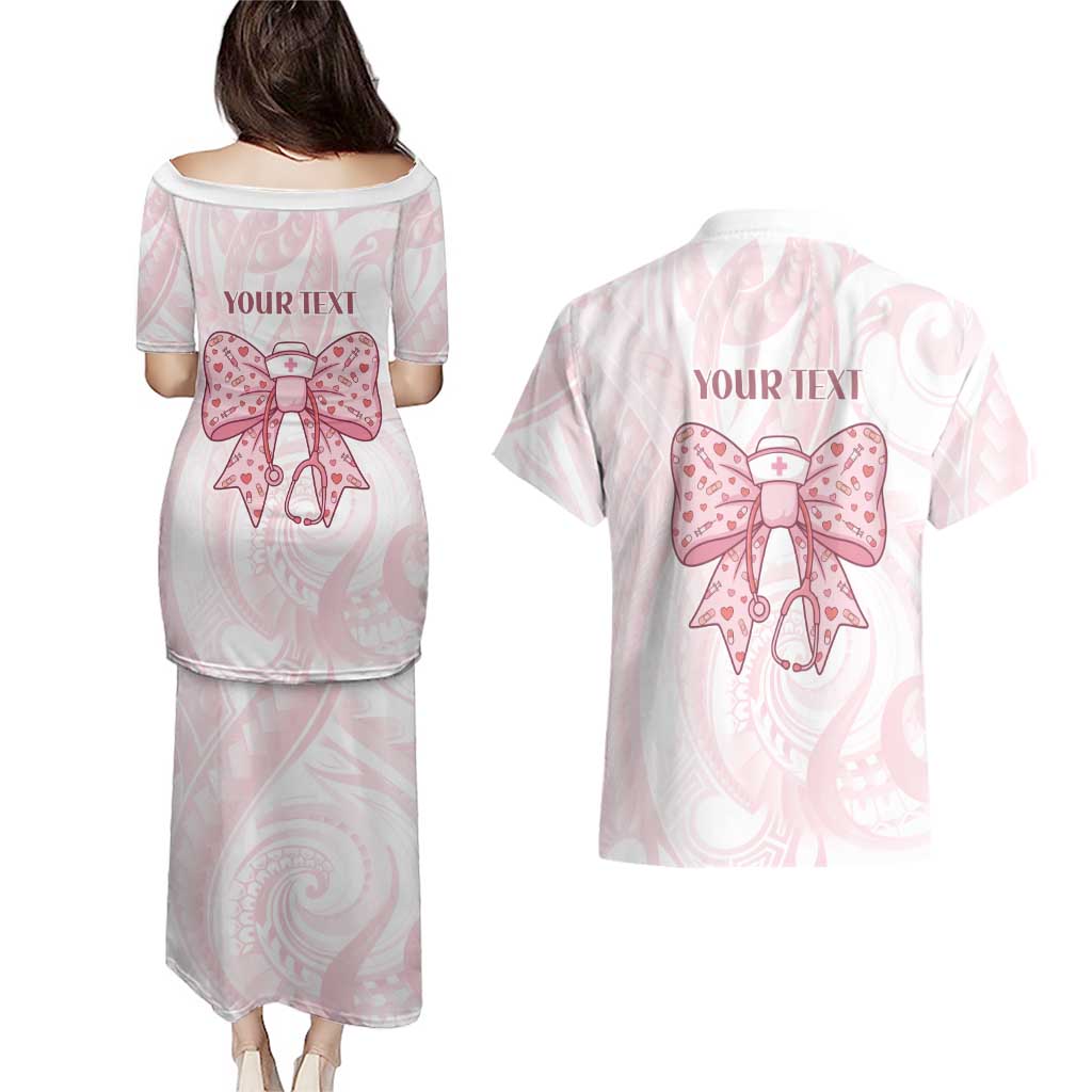 New Zealand Nurses RN Personalised Couples Matching Puletasi and Hawaiian Shirt Pink Stethoscope Coquette Bow Maori Motif LT9 - Polynesian Pride