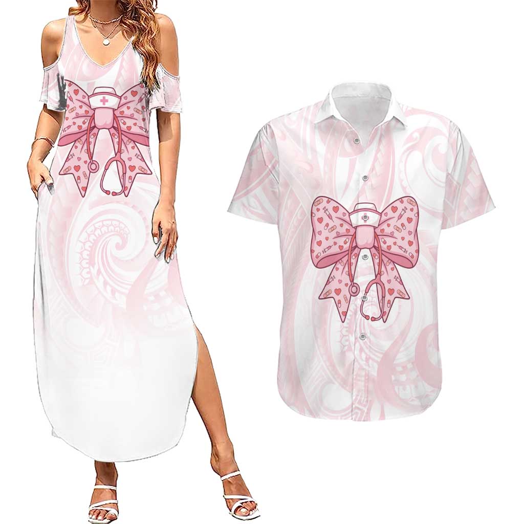 New Zealand Nurses RN Personalised Couples Matching Summer Maxi Dress and Hawaiian Shirt Pink Stethoscope Coquette Bow Maori Motif LT9 Pink - Polynesian Pride