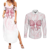 New Zealand Nurses RN Personalised Couples Matching Summer Maxi Dress and Long Sleeve Button Shirt Pink Stethoscope Coquette Bow Maori Motif LT9 Pink - Polynesian Pride