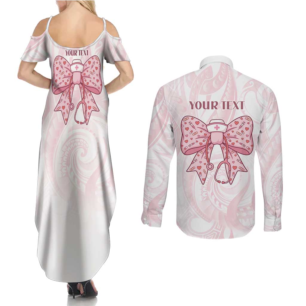 New Zealand Nurses RN Personalised Couples Matching Summer Maxi Dress and Long Sleeve Button Shirt Pink Stethoscope Coquette Bow Maori Motif LT9 - Polynesian Pride