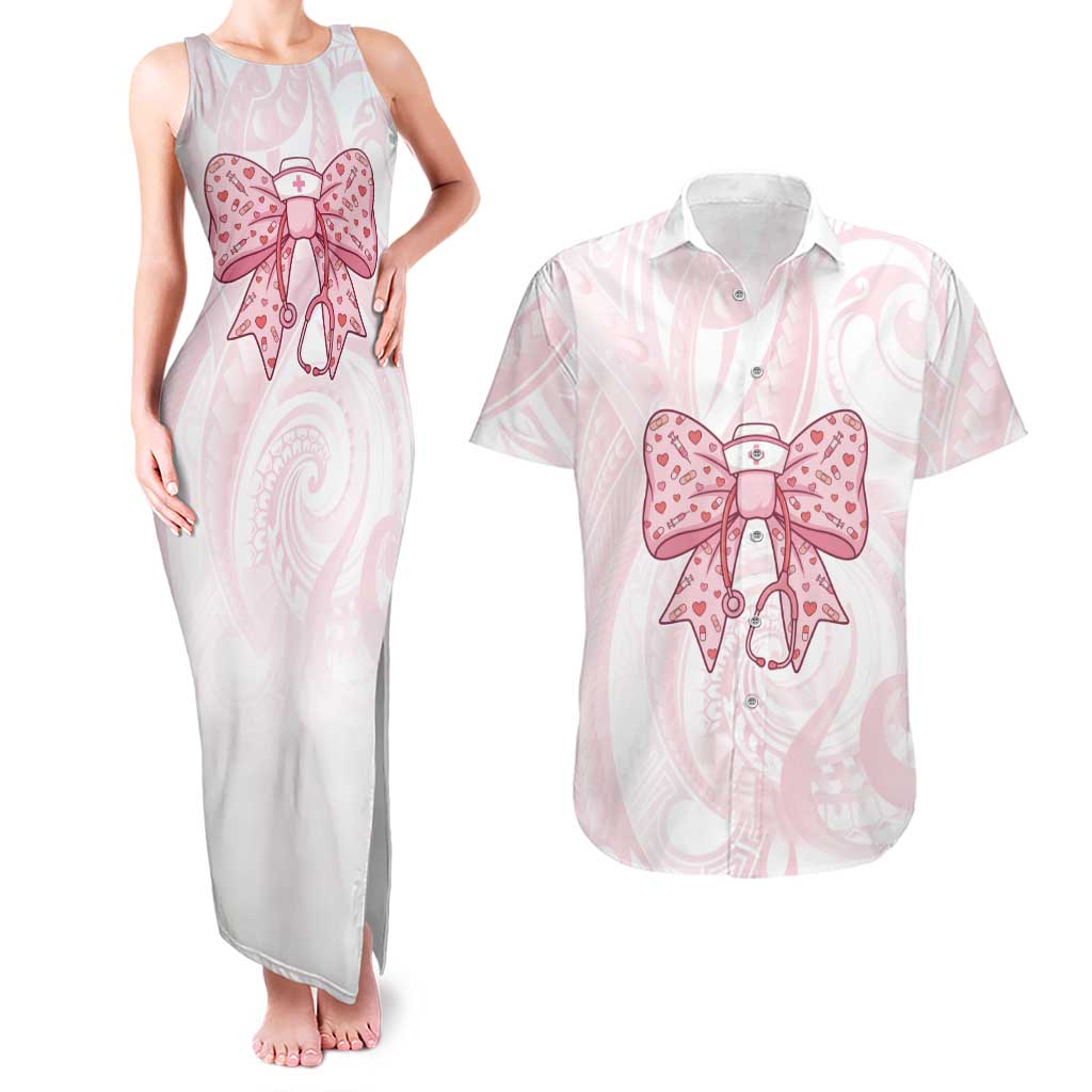 New Zealand Nurses RN Personalised Couples Matching Tank Maxi Dress and Hawaiian Shirt Pink Stethoscope Coquette Bow Maori Motif LT9 Pink - Polynesian Pride