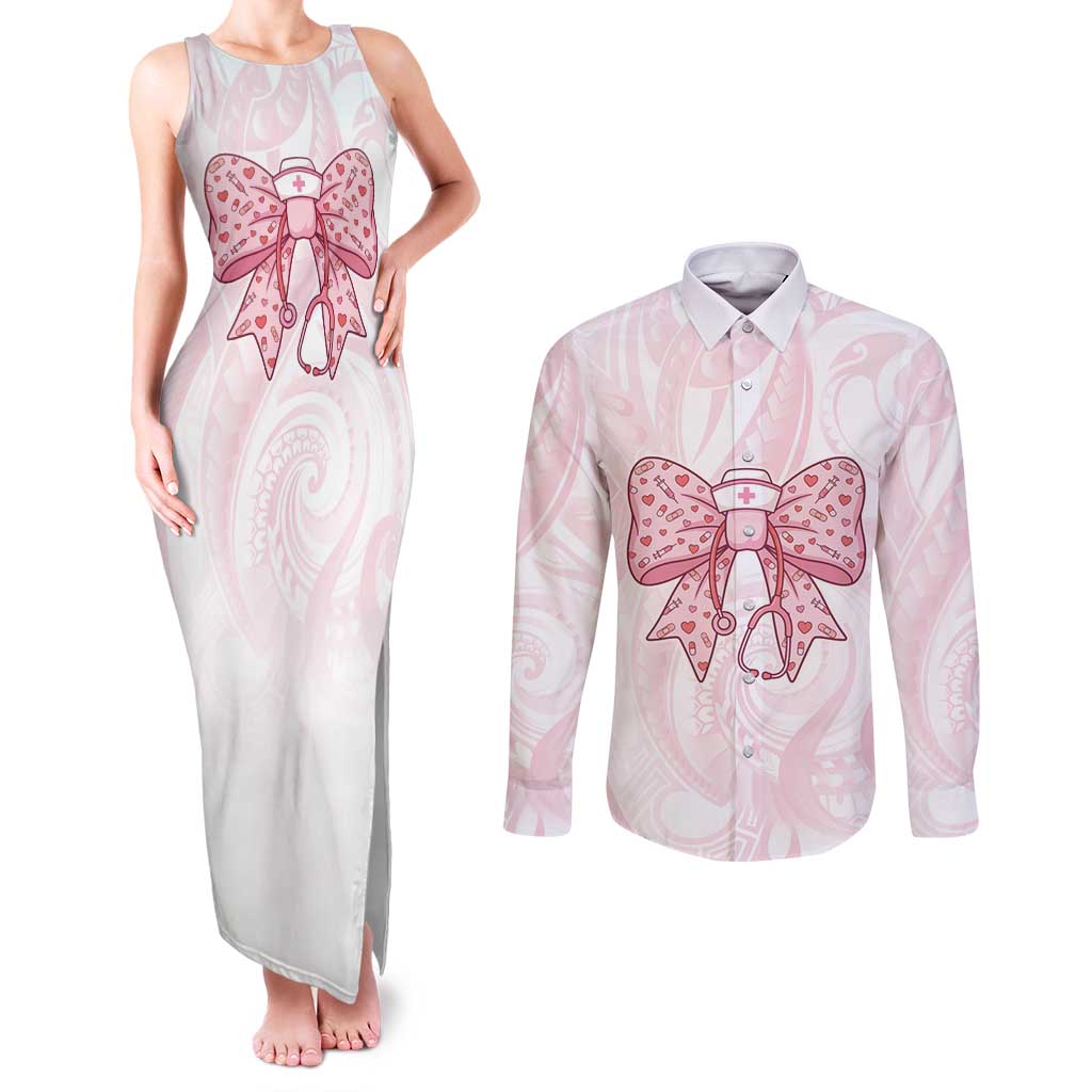 New Zealand Nurses RN Personalised Couples Matching Tank Maxi Dress and Long Sleeve Button Shirt Pink Stethoscope Coquette Bow Maori Motif LT9 Pink - Polynesian Pride