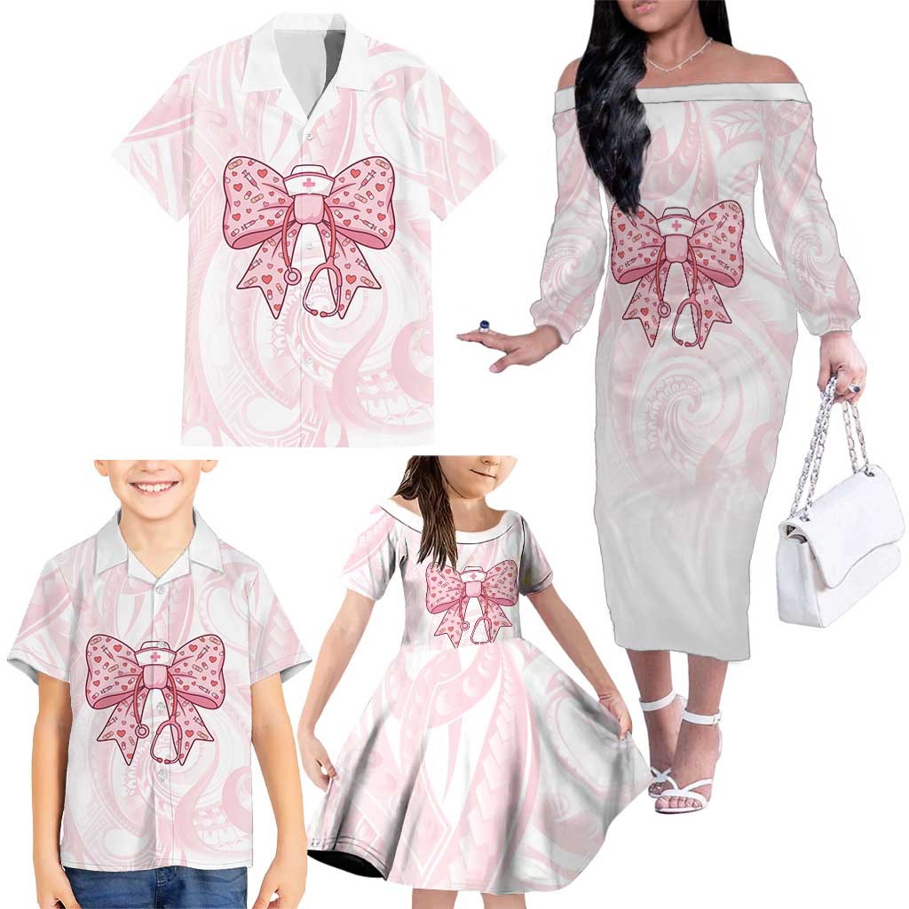 New Zealand Nurses RN Personalised Family Matching Off The Shoulder Long Sleeve Dress and Hawaiian Shirt Pink Stethoscope Coquette Bow Maori Motif