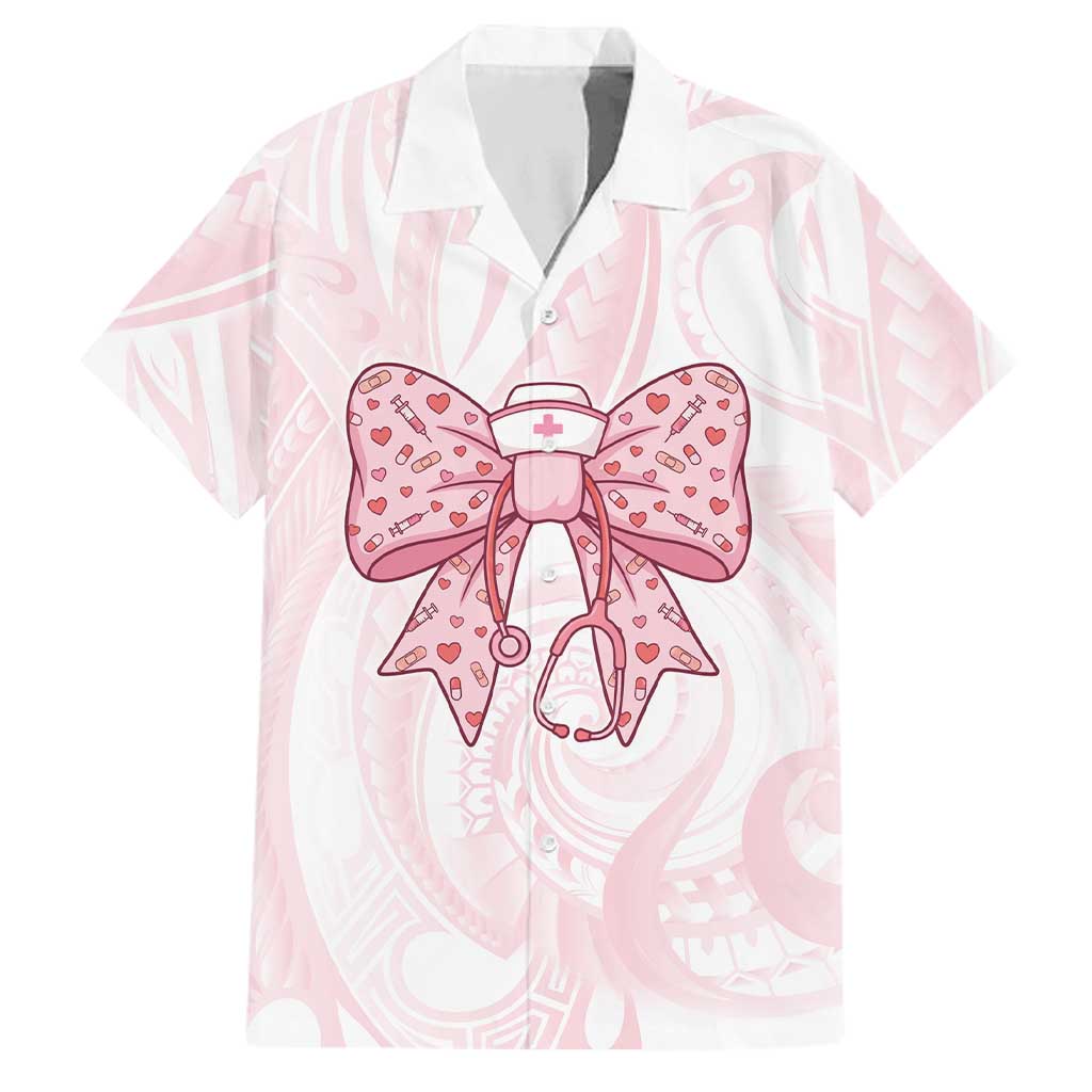 New Zealand Nurses RN Personalised Family Matching Off Shoulder Maxi Dress and Hawaiian Shirt Pink Stethoscope Coquette Bow Maori Motif LT9 Dad's Shirt - Short Sleeve Pink - Polynesian Pride