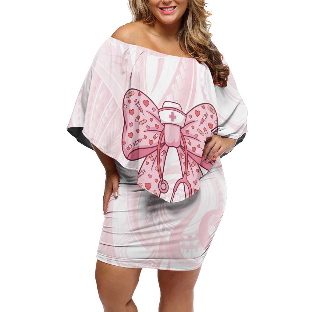 New Zealand Nurses RN Personalised Family Matching Off Shoulder Short Dress and Hawaiian Shirt Pink Stethoscope Coquette Bow Maori Motif LT9 Mom's Dress Pink - Polynesian Pride
