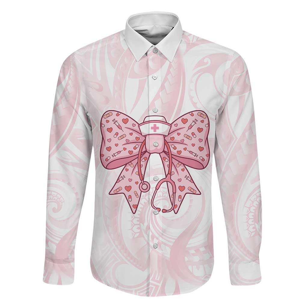 New Zealand Nurses RN Personalised Family Matching Summer Maxi Dress and Hawaiian Shirt Pink Stethoscope Coquette Bow Maori Motif LT9 Dad's Shirt - Long Sleeve Pink - Polynesian Pride