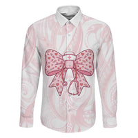 New Zealand Nurses RN Personalised Family Matching Summer Maxi Dress and Hawaiian Shirt Pink Stethoscope Coquette Bow Maori Motif LT9 Dad's Shirt - Long Sleeve Pink - Polynesian Pride