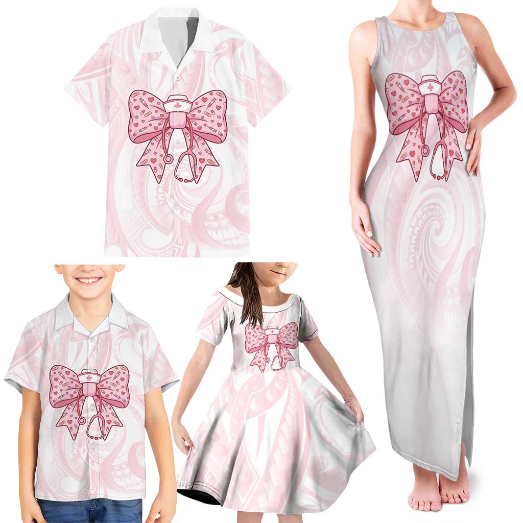 New Zealand Nurses RN Personalised Family Matching Tank Maxi Dress and Hawaiian Shirt Pink Stethoscope Coquette Bow Maori Motif LT9 - Polynesian Pride