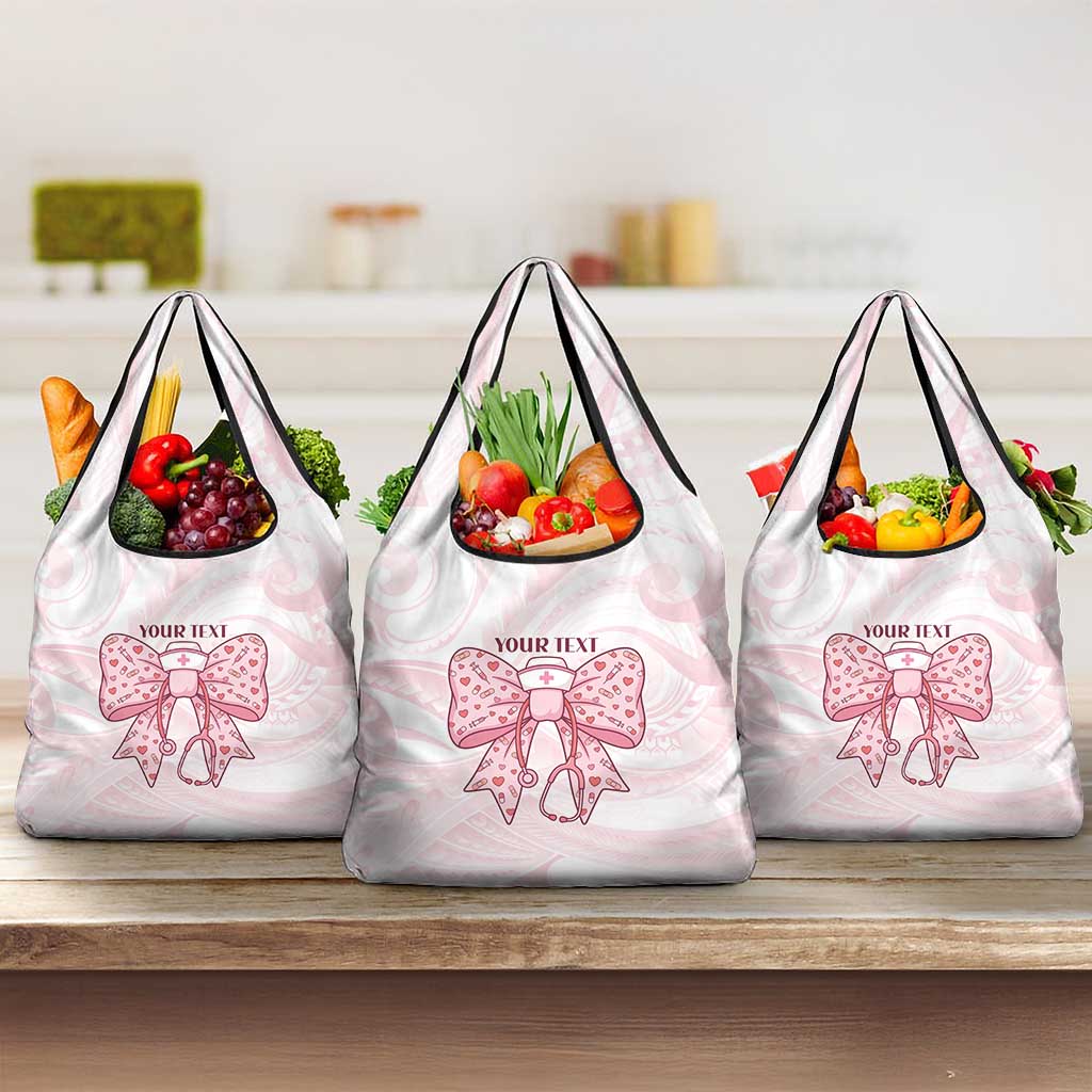 New Zealand Nurses RN Personalised Grocery Bag Pink Stethoscope Coquette Bow Maori Motif