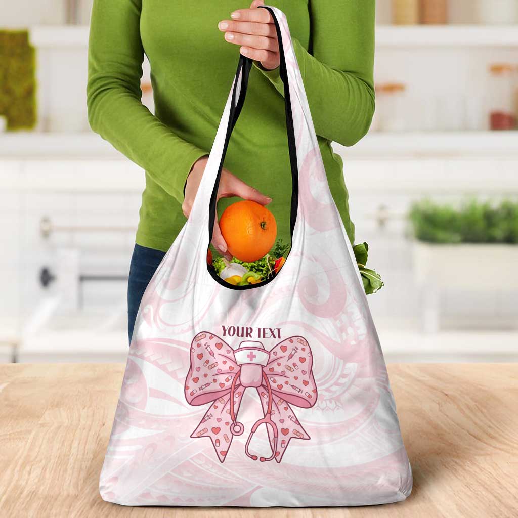 New Zealand Nurses RN Personalised Grocery Bag Pink Stethoscope Coquette Bow Maori Motif