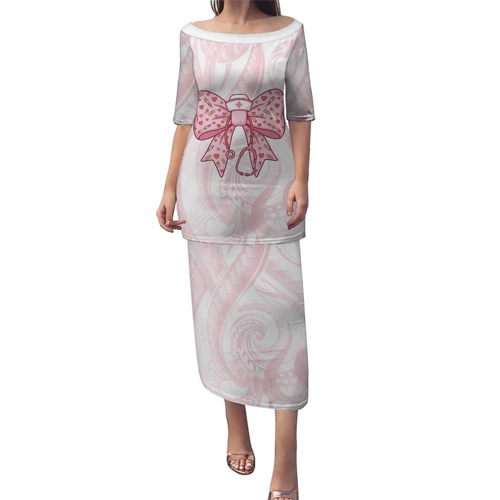 New Zealand Nurses RN Personalised Puletasi Pink Stethoscope Coquette Bow Maori Motif