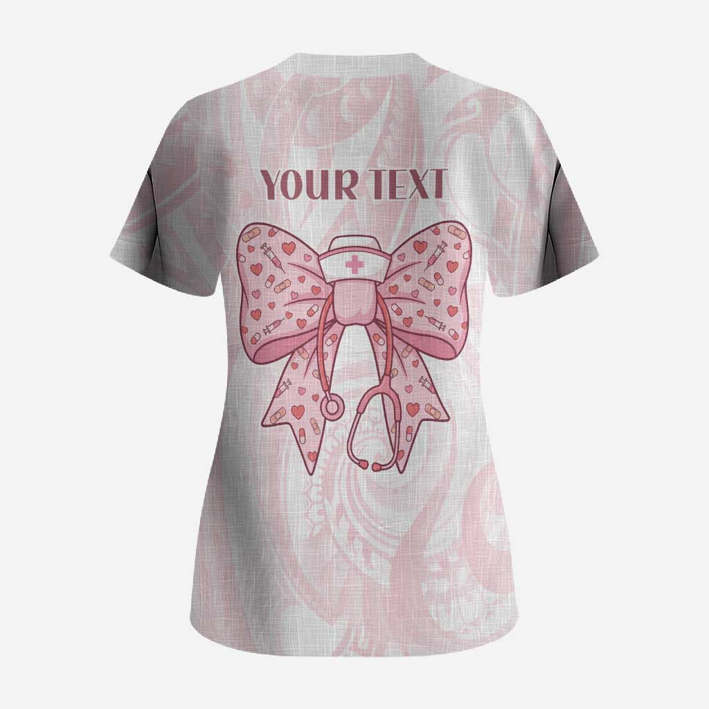 New Zealand Nurses RN Personalised Scrub Top Pink Stethoscope Coquette Bow Maori Motif