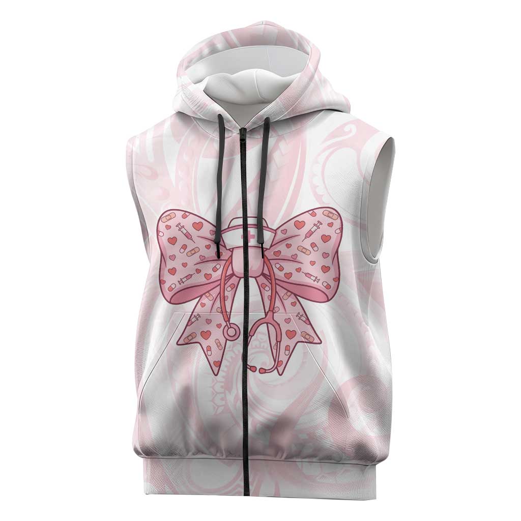 New Zealand Nurses RN Personalised Sleeveless Zip Hoodie Pink Stethoscope Coquette Bow Maori Motif