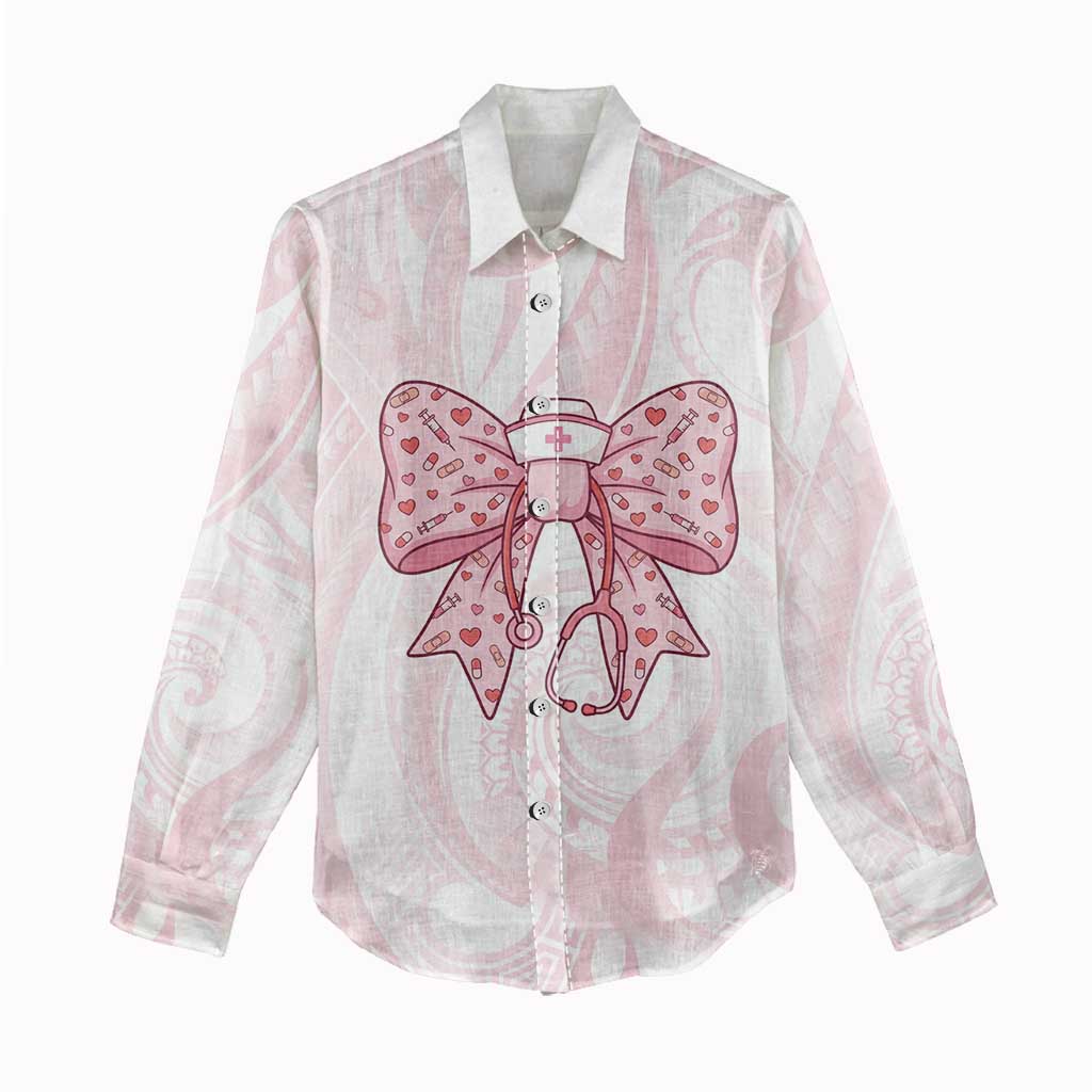 New Zealand Nurses RN Personalised Women Casual Shirt Pink Stethoscope Coquette Bow Maori Motif LT9 - Polynesian Pride