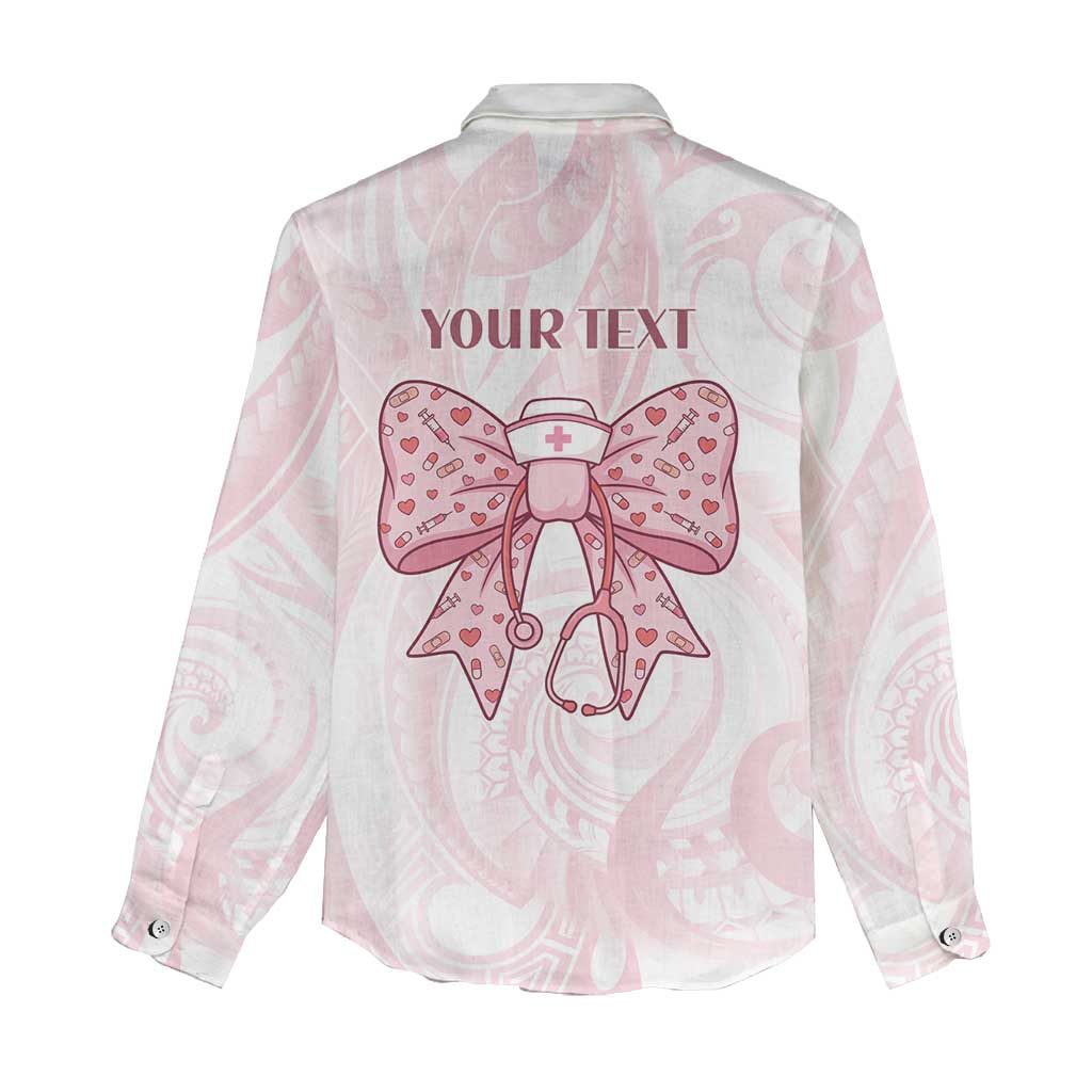 New Zealand Nurses RN Personalised Women Casual Shirt Pink Stethoscope Coquette Bow Maori Motif LT9 - Polynesian Pride