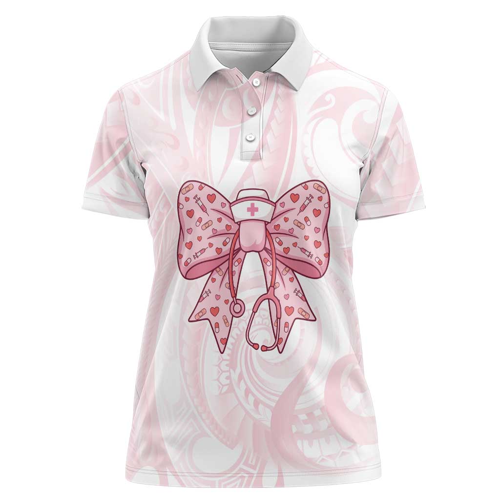 New Zealand Nurses RN Personalised Women Polo Shirt Pink Stethoscope Coquette Bow Maori Motif