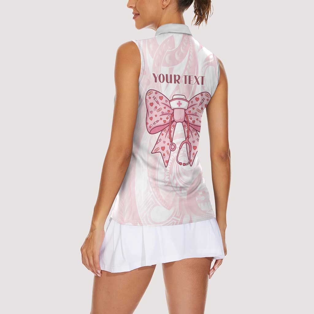 New Zealand Nurses RN Personalised Women Sleeveless Polo Shirt Pink Stethoscope Coquette Bow Maori Motif LT9 - Polynesian Pride