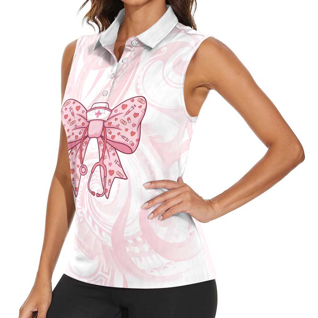 New Zealand Nurses RN Personalised Women Sleeveless Polo Shirt Pink Stethoscope Coquette Bow Maori Motif LT9 - Polynesian Pride