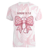New Zealand Nurses RN Personalised Women V-Neck T-Shirt Pink Stethoscope Coquette Bow Maori Motif LT9 - Polynesian Pride