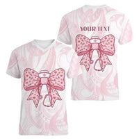 New Zealand Nurses RN Personalised Women V-Neck T-Shirt Pink Stethoscope Coquette Bow Maori Motif LT9 - Polynesian Pride