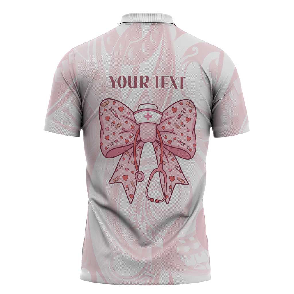 New Zealand Nurses RN Personalised Zipper Polo Shirt Pink Stethoscope Coquette Bow Maori Motif