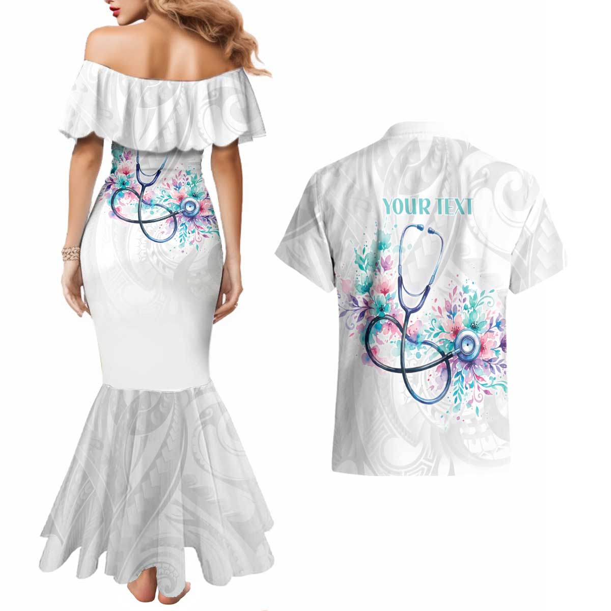 New Zealand Nurses RN Personalised Couples Matching Mermaid Dress and Hawaiian Shirt Stethoscope Floral Maori Motif LT9 - Polynesian Pride