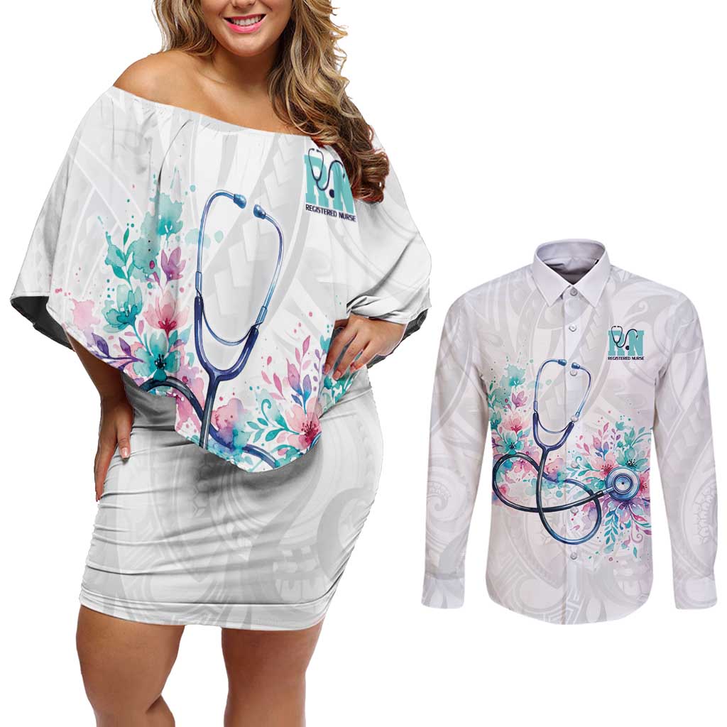 New Zealand Nurses RN Personalised Couples Matching Off Shoulder Short Dress and Long Sleeve Button Shirt Stethoscope Floral Maori Motif