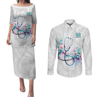 New Zealand Nurses RN Personalised Couples Matching Puletasi and Long Sleeve Button Shirt Stethoscope Floral Maori Motif