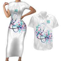 New Zealand Nurses RN Personalised Couples Matching Short Sleeve Bodycon Dress and Hawaiian Shirt Stethoscope Floral Maori Motif LT9 White - Polynesian Pride