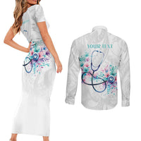 New Zealand Nurses RN Personalised Couples Matching Short Sleeve Bodycon Dress and Long Sleeve Button Shirt Stethoscope Floral Maori Motif LT9 - Polynesian Pride