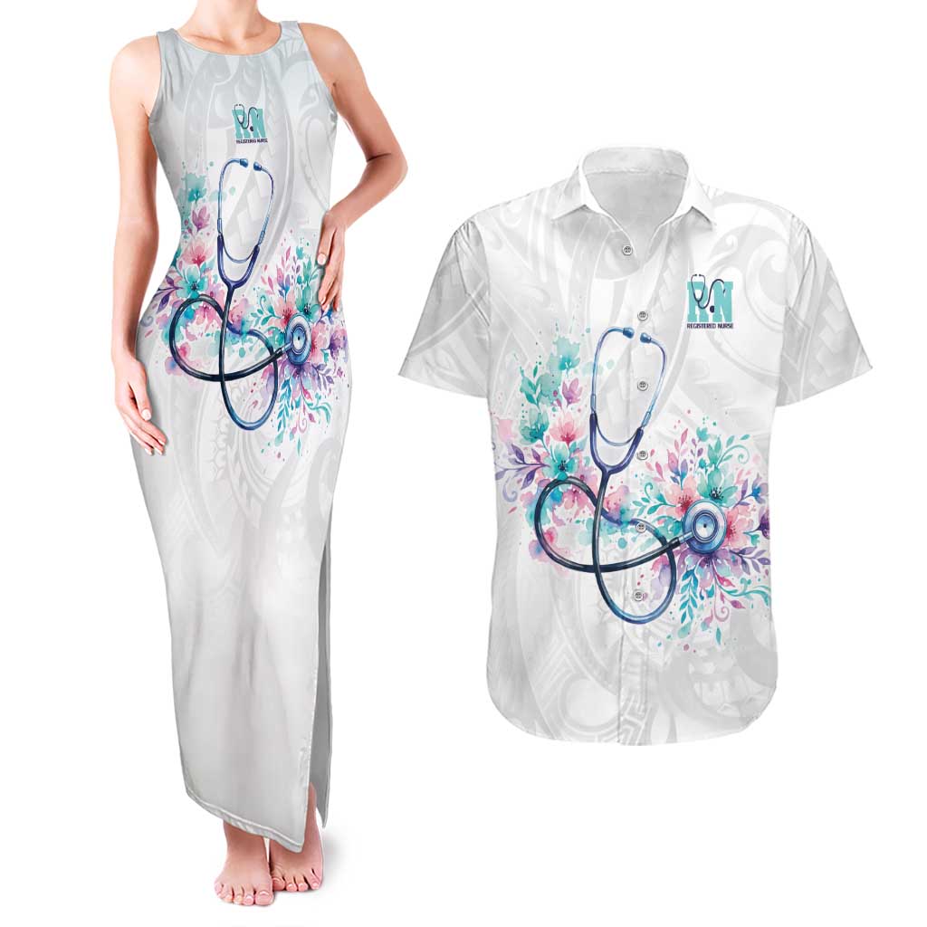 New Zealand Nurses RN Personalised Couples Matching Tank Maxi Dress and Hawaiian Shirt Stethoscope Floral Maori Motif