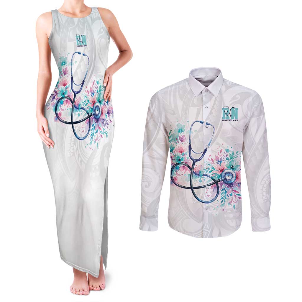 New Zealand Nurses RN Personalised Couples Matching Tank Maxi Dress and Long Sleeve Button Shirt Stethoscope Floral Maori Motif