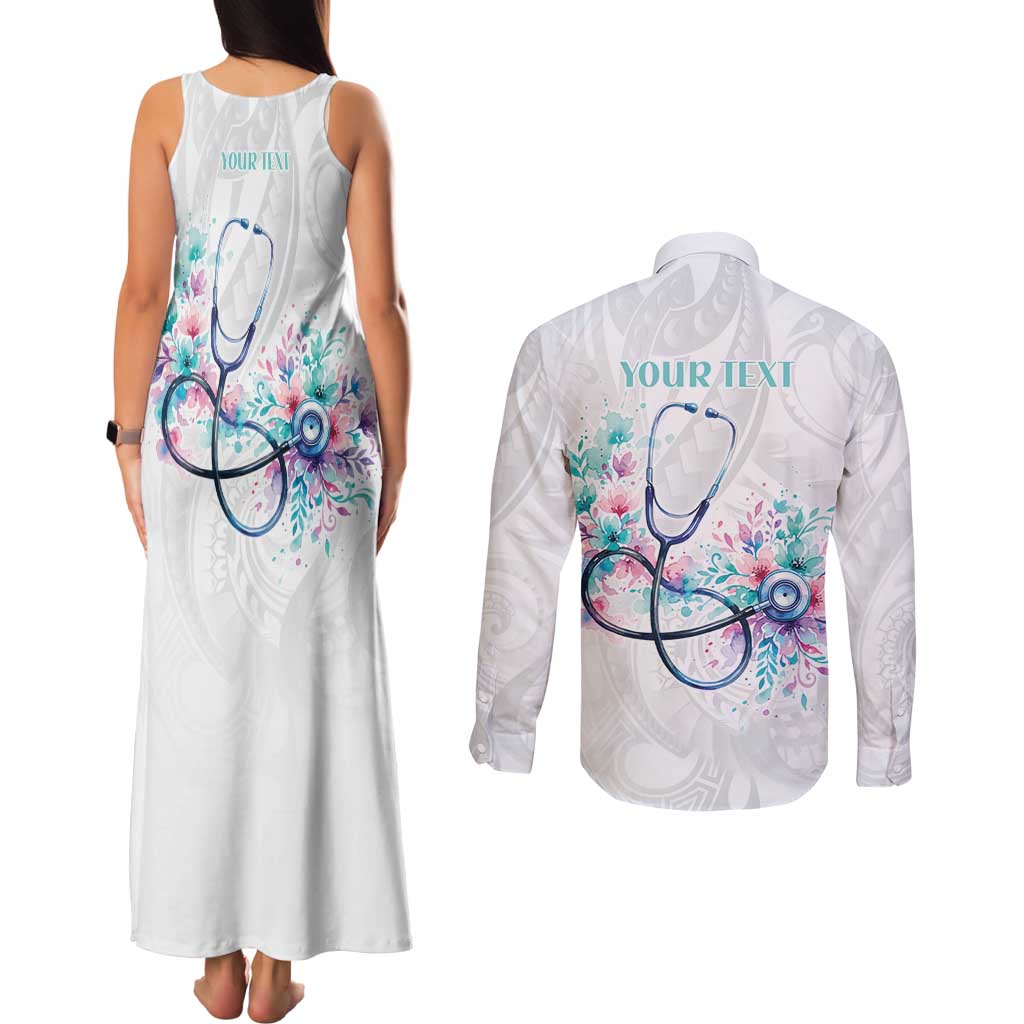 New Zealand Nurses RN Personalised Couples Matching Tank Maxi Dress and Long Sleeve Button Shirt Stethoscope Floral Maori Motif LT9 - Polynesian Pride