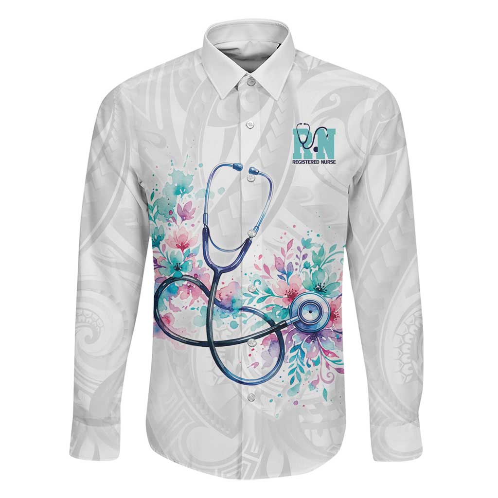 New Zealand Nurses RN Personalised Family Matching Off The Shoulder Long Sleeve Dress and Hawaiian Shirt Stethoscope Floral Maori Motif LT9 Dad's Shirt - Long Sleeve White - Polynesian Pride
