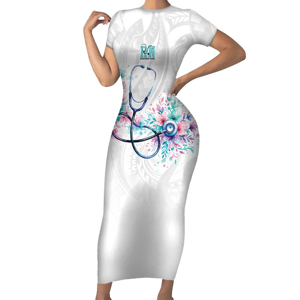 New Zealand Nurses RN Personalised Family Matching Short Sleeve Bodycon Dress and Hawaiian Shirt Stethoscope Floral Maori Motif LT9 Mom's Dress White - Polynesian Pride
