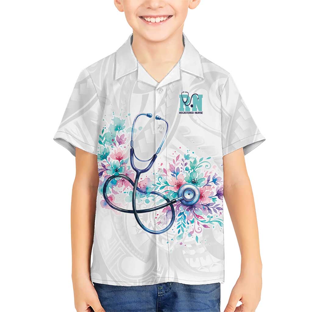 New Zealand Nurses RN Personalised Family Matching Tank Maxi Dress and Hawaiian Shirt Stethoscope Floral Maori Motif LT9 Son's Shirt White - Polynesian Pride