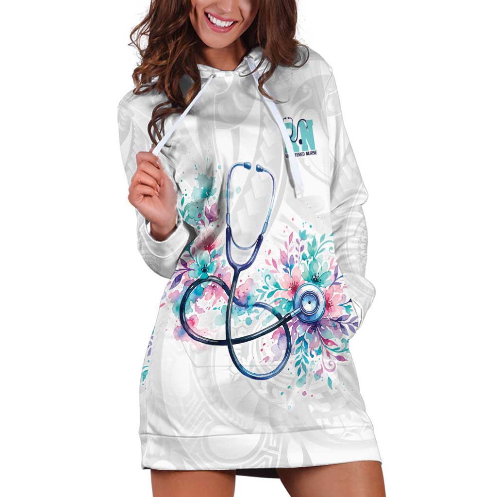 New Zealand Nurses RN Personalised Hoodie Dress Stethoscope Floral Maori Motif LT9 White - Polynesian Pride