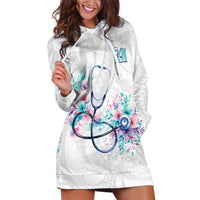 New Zealand Nurses RN Personalised Hoodie Dress Stethoscope Floral Maori Motif LT9 White - Polynesian Pride